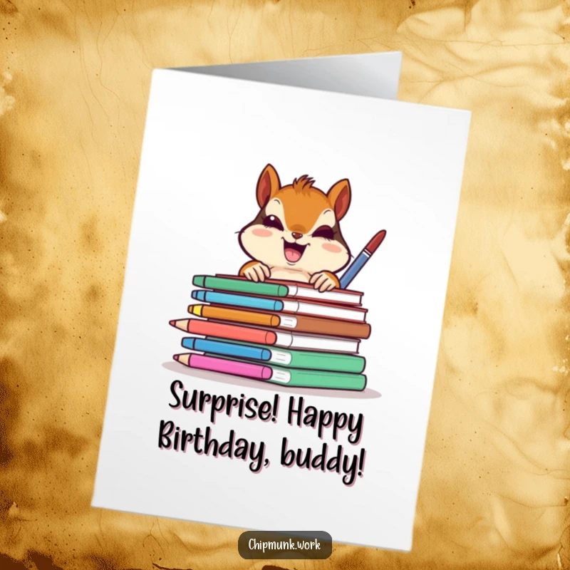 Funny Free Printable Birthday Card: Chipmunk peeks gleefully from behind a stack of colorful office supplies, ready to party.