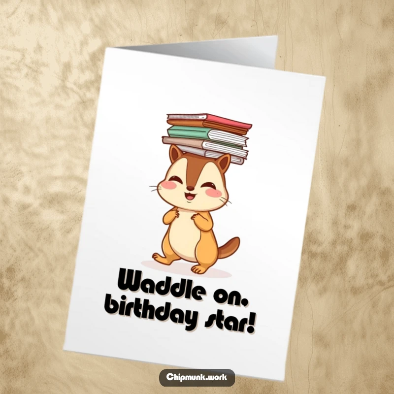 Funny Free Printable Birthday Card: A cheerful chipmunk waddling with a tall stack of papers balanced precariously on its head.