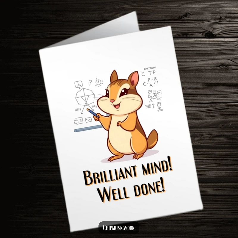 Funny Free Printable Congratulations Card: Chipmunk enthusiastically points at a complex diagram on a whiteboard. Celebrating achievements.