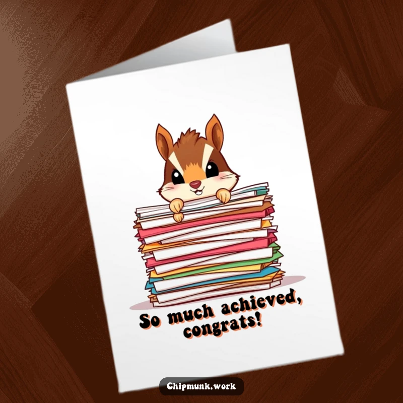 Funny Free Printable Chipmunk Congratulations Card, peeking over a big stack of documents, surprise celebration DIY.