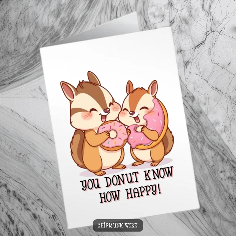 Funny Free Printable Chipmunk Card: A chipmunk winks while sharing a donut with an unseen companion.