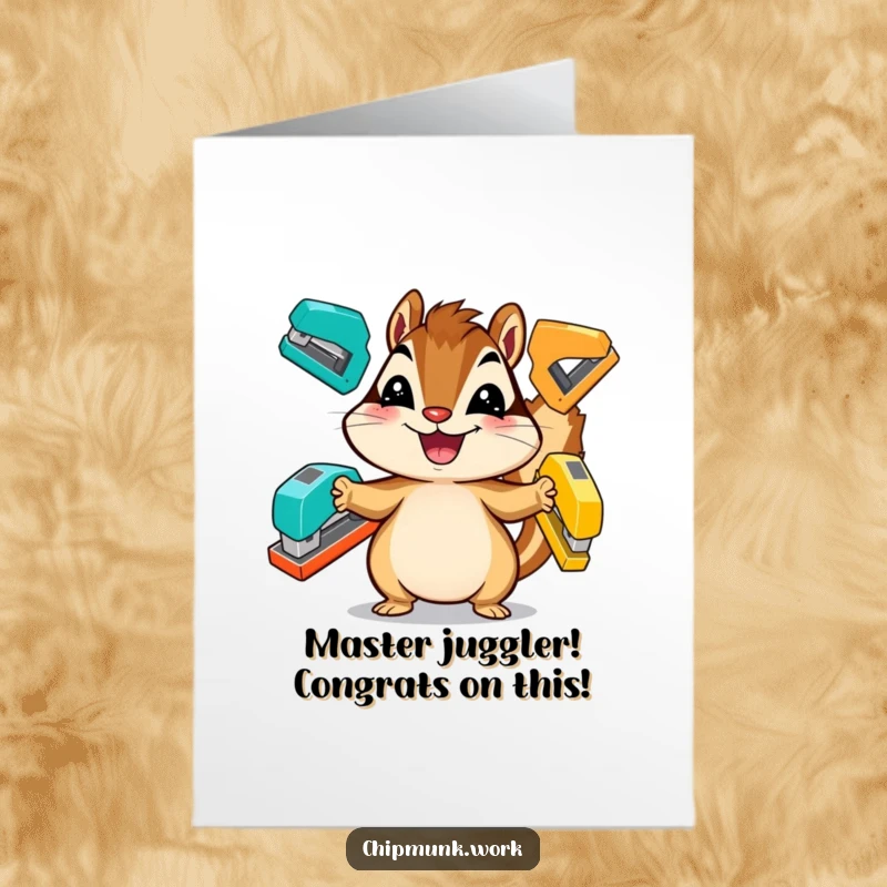 Funny Free Printable Congratulations Card: A chipmunk grins widely while juggling three colorful staplers, symbolizing impressive multitasking and success.