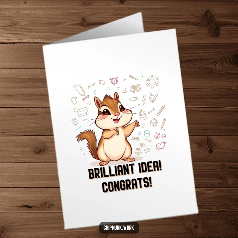 Funny Free Printable Congratulations Card: A chipmunk excitedly points to a whiteboard covered in vibrant doodles, celebrating a fantastic accomplishment.