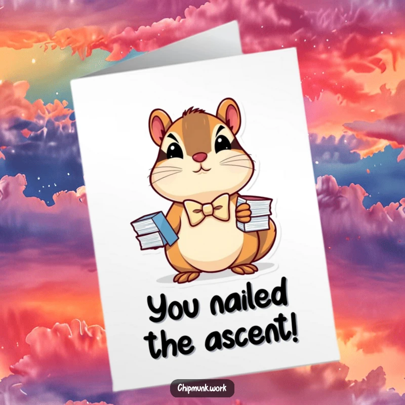 Funny Free Printable Congratulations Card: A determined chipmunk sporting a tiny bowtie proudly presents a small stack of success charts.