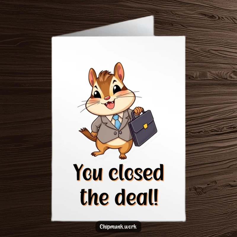 Funny Free Printable Congratulations Card: A chipmunk in a business suit holding a briefcase, signifying a successful deal or promotion.