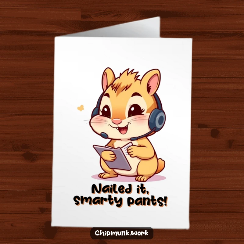 Funny Free Printable Congratulations Card: A chipmunk focused on a headset, busily and happily taking important notes.