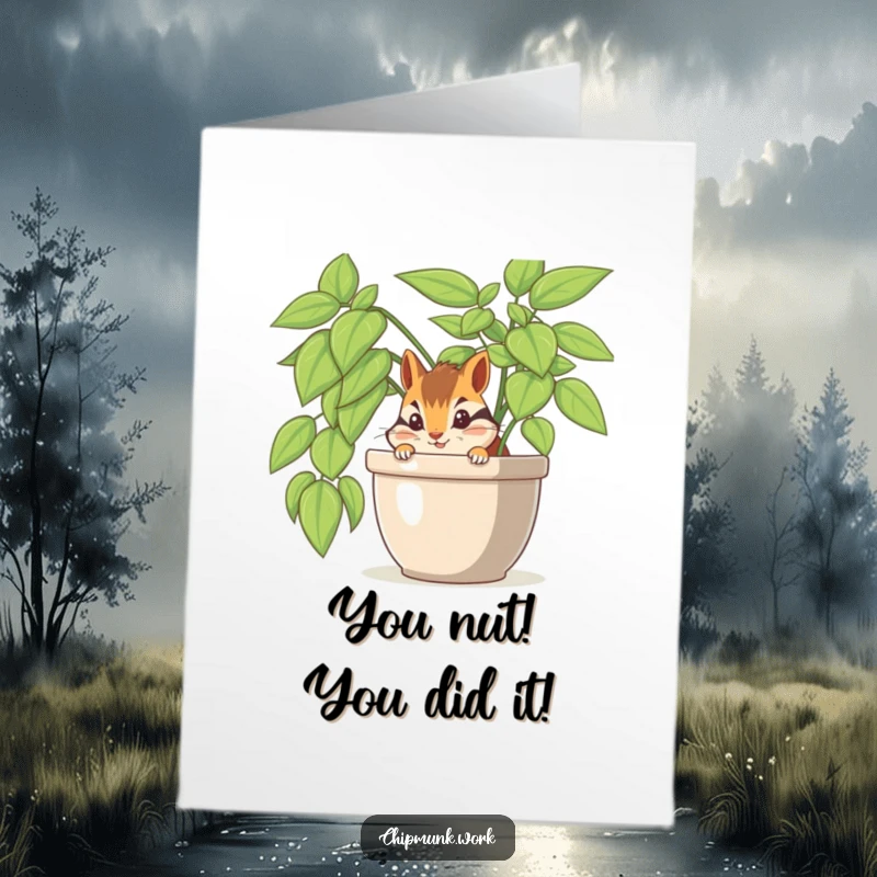 Funny Free Printable Congratulations Card: A cheerful chipmunk peeks from a potted office plant, celebrating big wins.