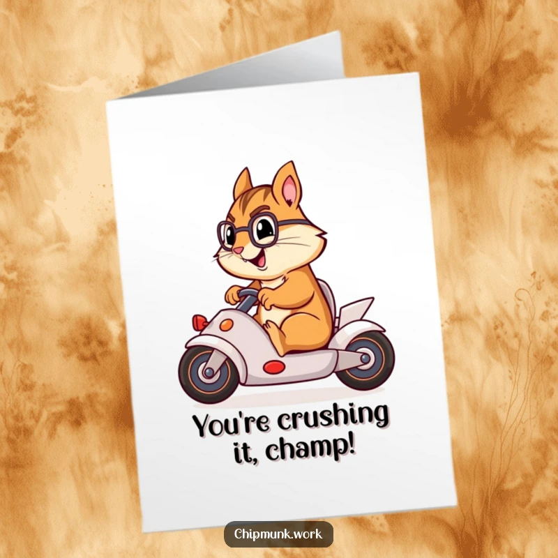 Funny Free Printable Congratulations Card: A determined chipmunk zooms in a swivel chair, treating it like a high-speed race car.