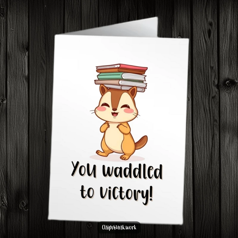 Funny Free Printable Congratulations Card: A cheerful chipmunk waddling while balancing a stack of papers on its head, celebrating success.
