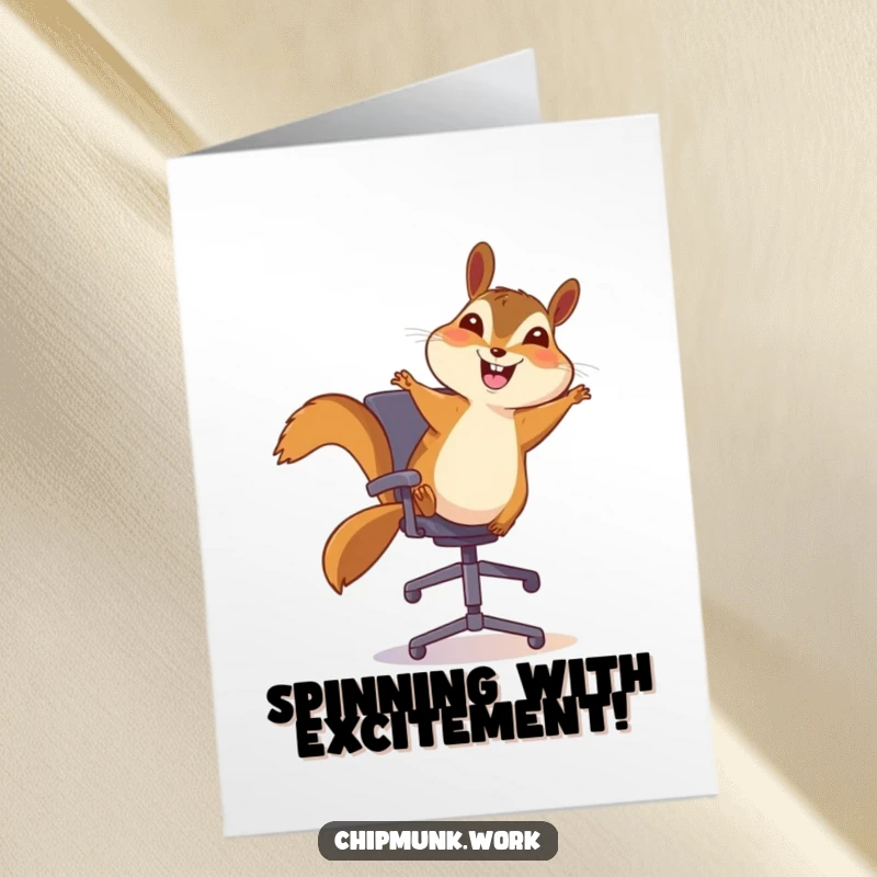 Funny Free Printable Congratulations Card: Chipmunk happily bouncing on an office chair, celebrating a win with glee.