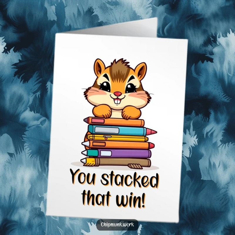 Free Printable Congratulations Card showing a chipmunk determinedly stacking wonky office supplies, celebrating a funny accomplishment.