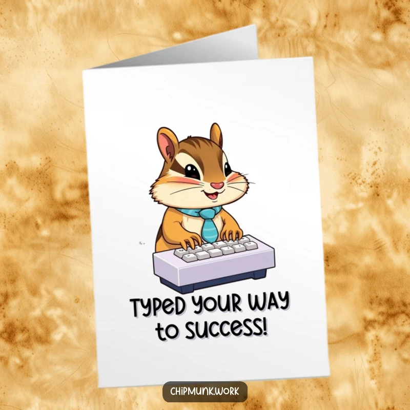 Funny Free Printable Congratulations Card: A chipmunk wearing a tiny tie, enthusiastically typing on a miniature keyboard, celebrating a big win.