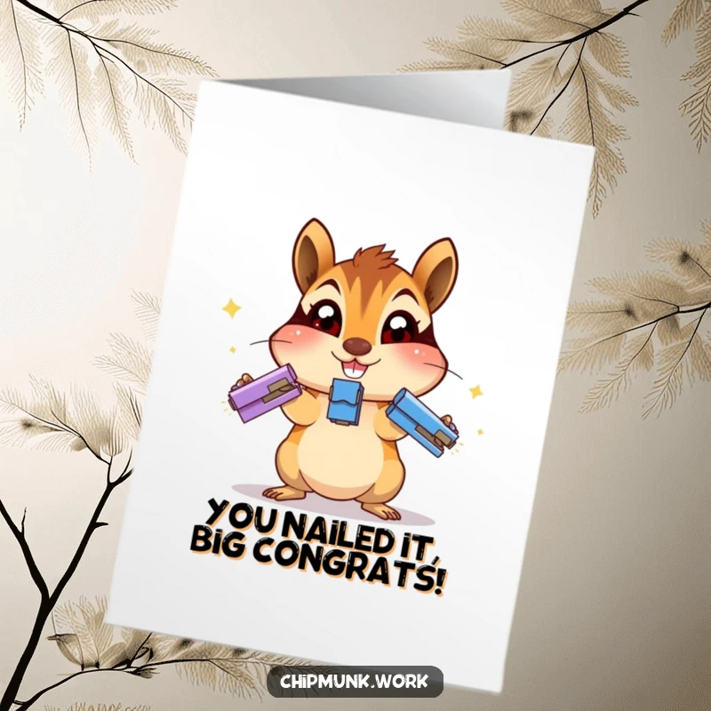Funny Free Printable Congratulations Card: An excited chipmunk expertly juggles staplers, celebrating an amazing accomplishment.