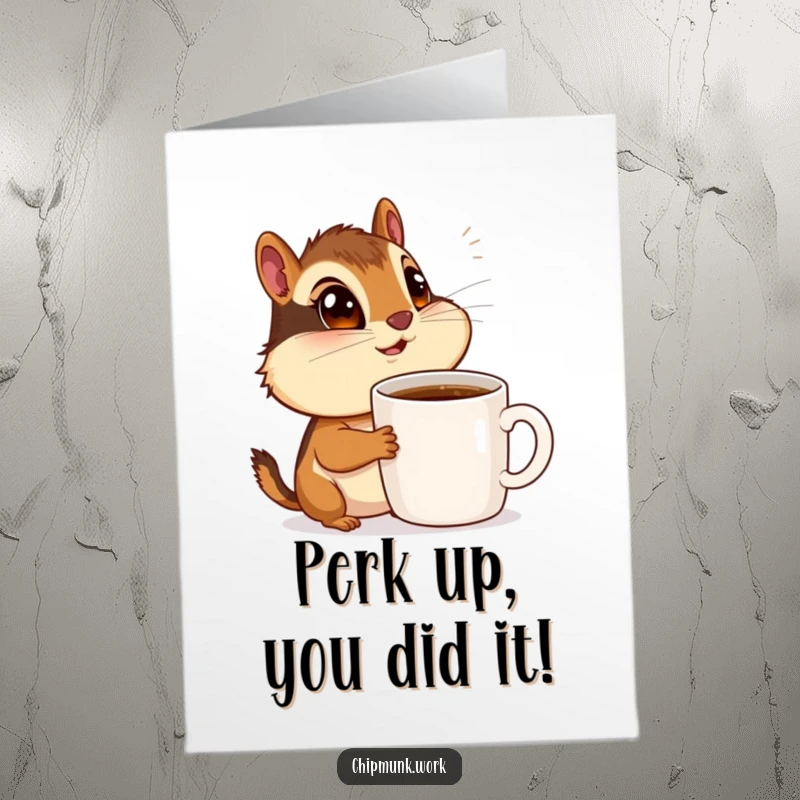 Funny Free Printable Congratulations Card: Chipmunk with wide eyes stares longingly at a large coffee mug.