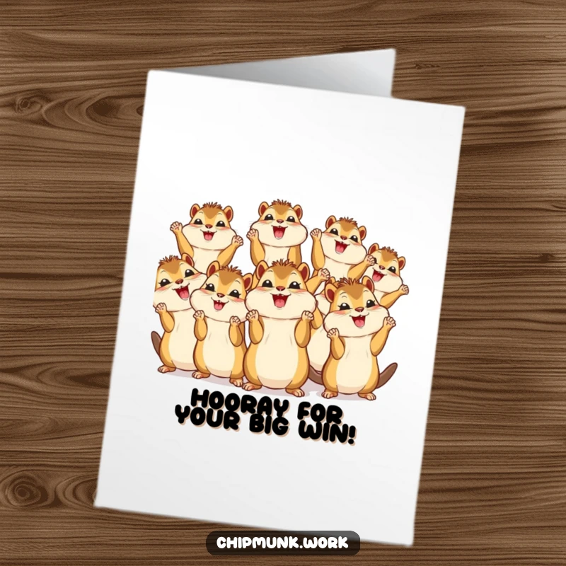 Funny Free Printable Congratulations Card: Multiple kawaii chipmunks cheer together with tiny paws in the air, radiating happiness.