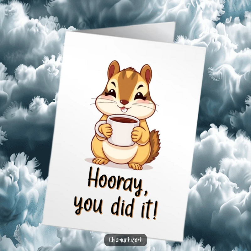 Funny Free Printable Congratulations Card: A chipmunk offers a tiny coffee mug with both paws, symbolizing a well-deserved break.