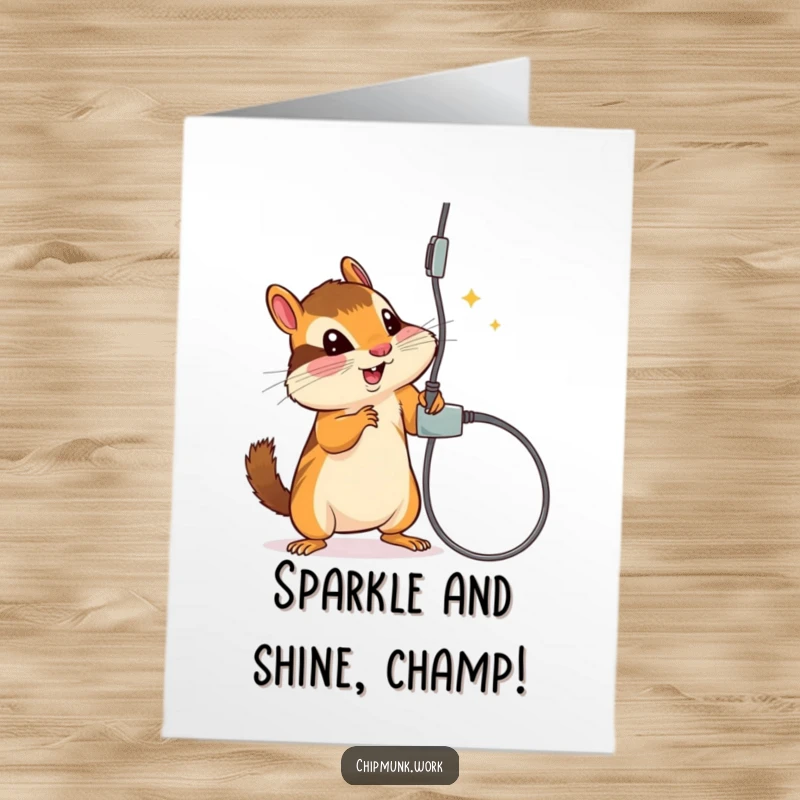 Funny Free Printable Congratulations Card: A chipmunk energetically plays with a dangling electrical cord, symbolizing a wild and successful venture.