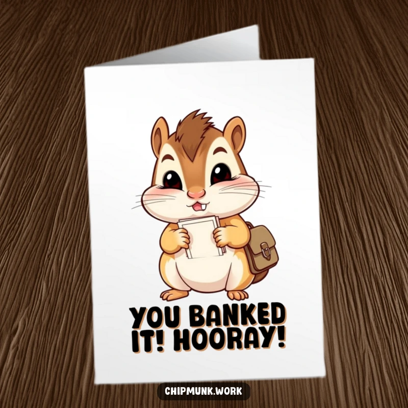 Funny Free Printable Congratulations Card: A mischievous chipmunk comically stuffs papers into a tiny satchel, celebrating success.