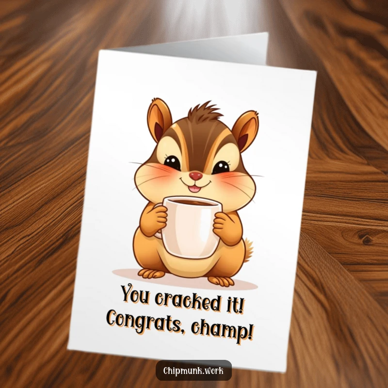 Funny free printable congratulations card showing a happy chipmunk with plump cheeks offering a tiny coffee mug of encouragement.