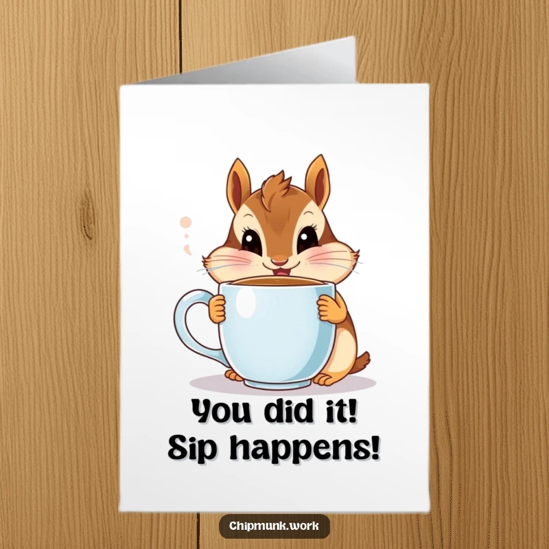 Funny Free Printable Congratulations Card: Chipmunk with wide eyes and coffee mug, celebrating a big achievement with pure delight.