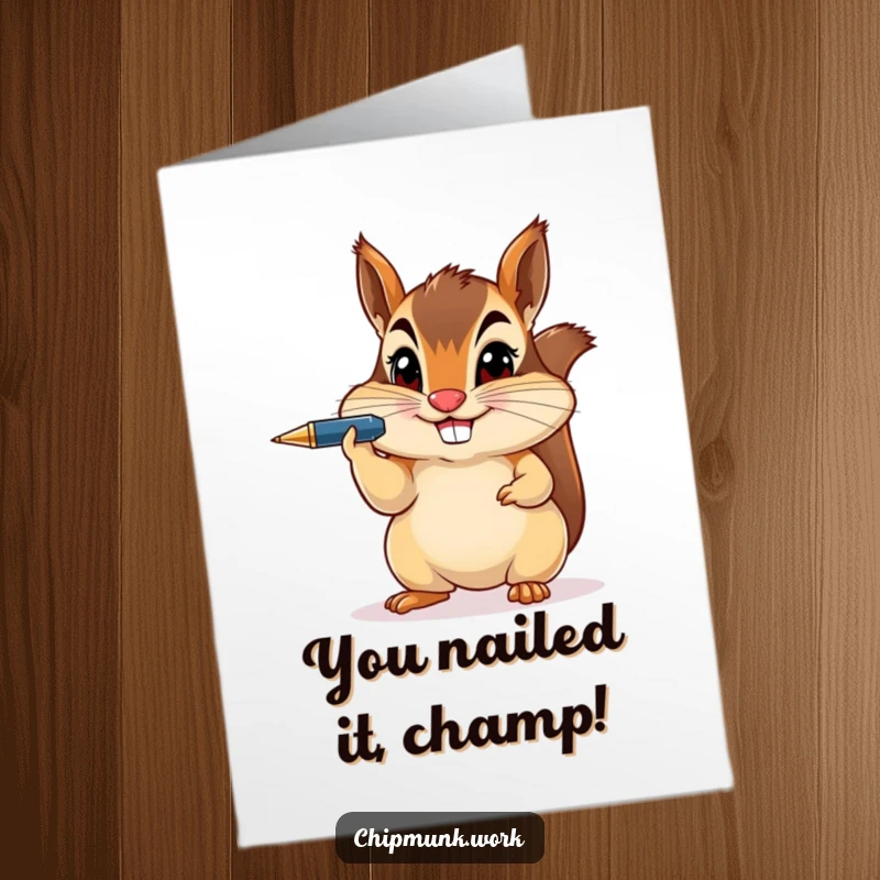 Funny Free Printable Congratulations Card: Chipmunk balances a pen on its nose, a smug grin indicating a clever achievement.