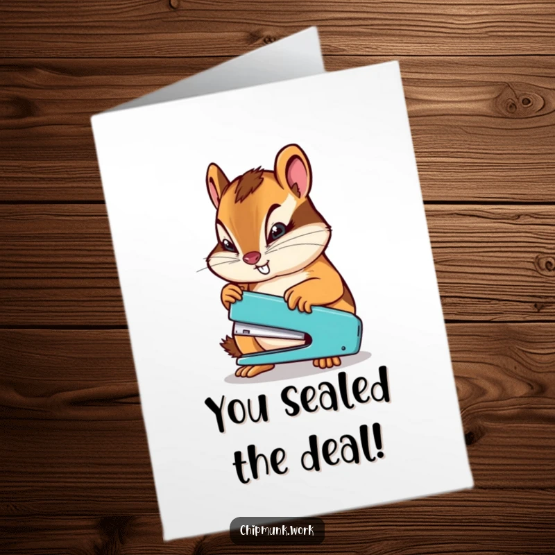 Funny Free Printable Congrats Card: A chipmunk with a determined look diligently staples papers, celebrating a successful task.