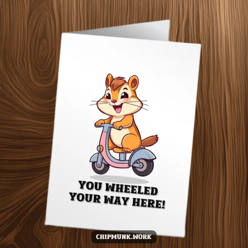 Funny Free Printable Chipmunk Card: A chipmunk gleefully rides a desk chair like a scooter, celebrating your win.