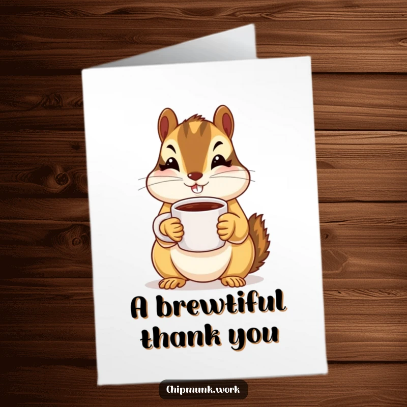 Funny Free Printable Thank You Card: Chipmunk offers a tiny coffee mug with both paws outstretched, a gesture of warm thanks.