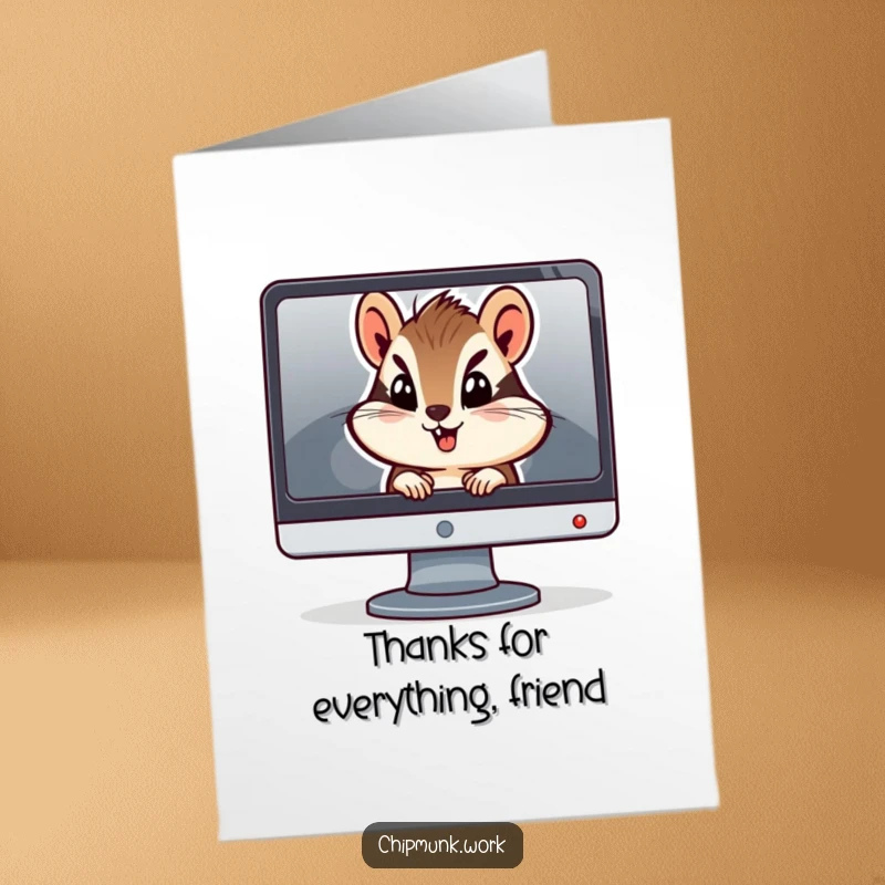 Funny Free Printable Thank You Card: A curious chipmunk peeks from a computer, sending thanks with a cute, inquisitive look.