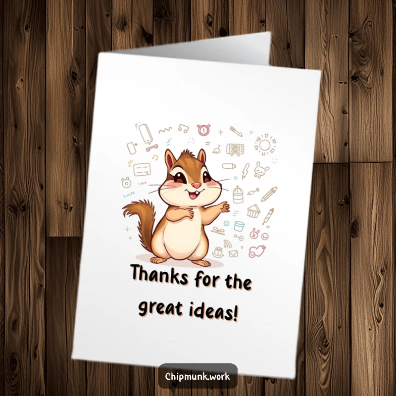 Funny Free Printable Thank You Card: A chipmunk excitedly points at a whiteboard full of doodles, expressing thanks for great ideas or assistance.