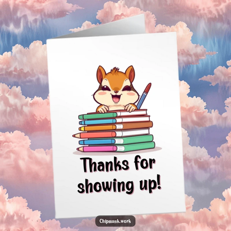 Funny Free Printable Thank You Card: Chipmunk peeks out gleefully from behind vibrant office supplies, offering thanks.