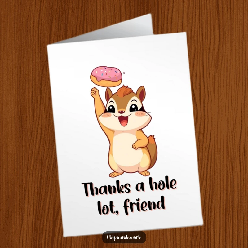 Funny Free Printable Thank You Card: A happy chipmunk proudly holds a small donut aloft, conveying sweet gratitude
