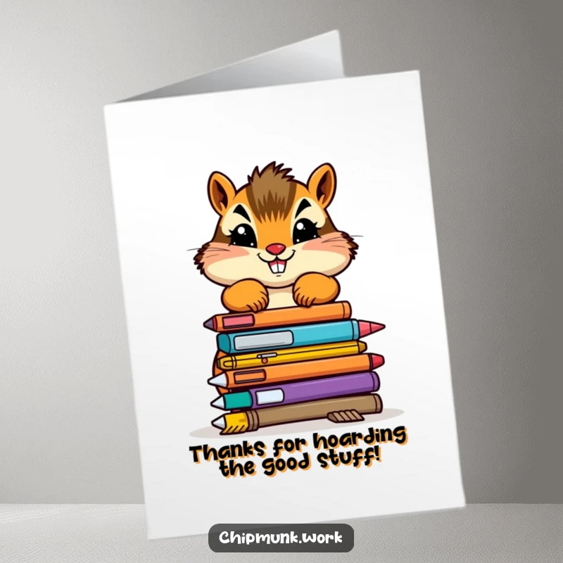 Funny Free Printable Thank You Card with a determined chipmunk stacking office supplies, a unique way to express thanks.
