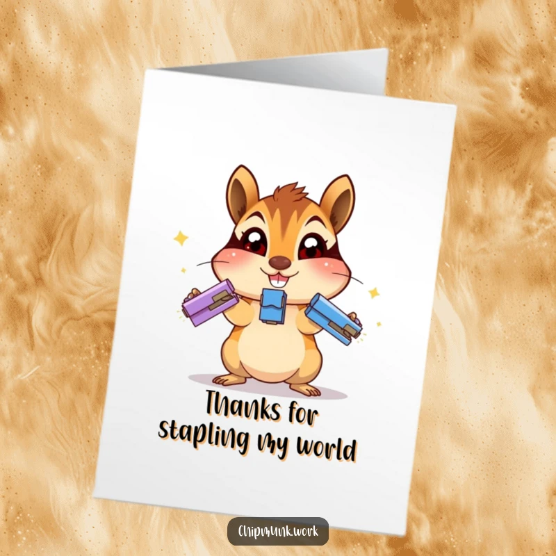 Funny Free Printable Thank You Card: A chipmunk with wide eyes juggles staplers, delivering thanks with impressive coordination.