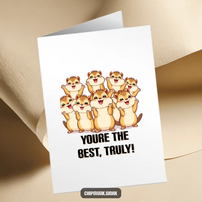 Funny Free Printable Thank You Card: A group of adorable kawaii chipmunks are cheering with their tiny paws raised in a thankful gesture.