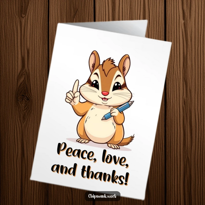 Funny Free Printable Thank You Card: Chipmunk gives a peace sign while holding a pen in a cool pose.