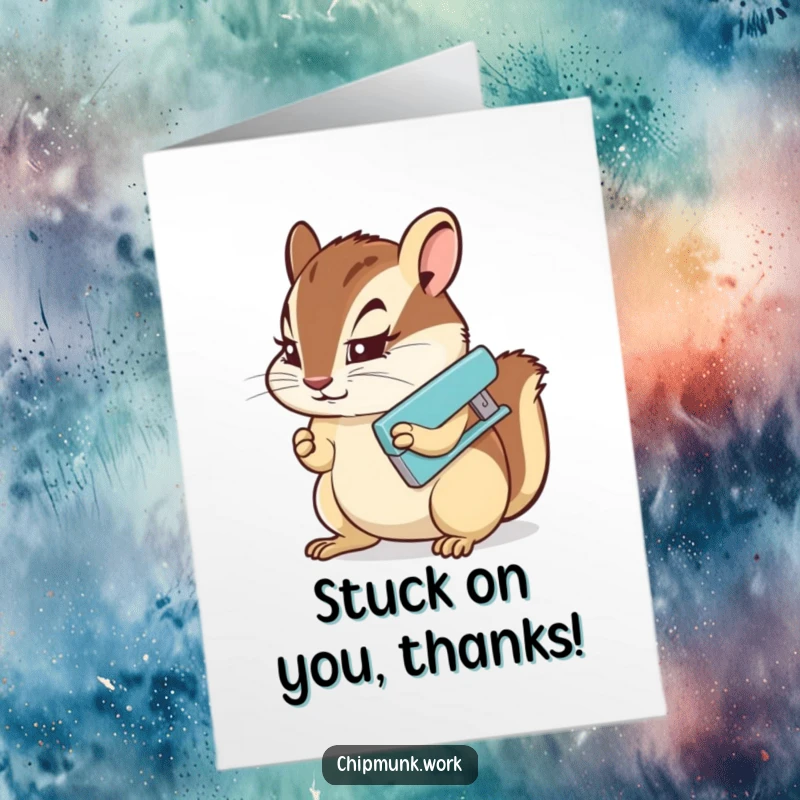 Funny Free Printable Thank You Card: A chipmunk with resolute focus expertly using a tiny stapler to seal your heartfelt thanks.