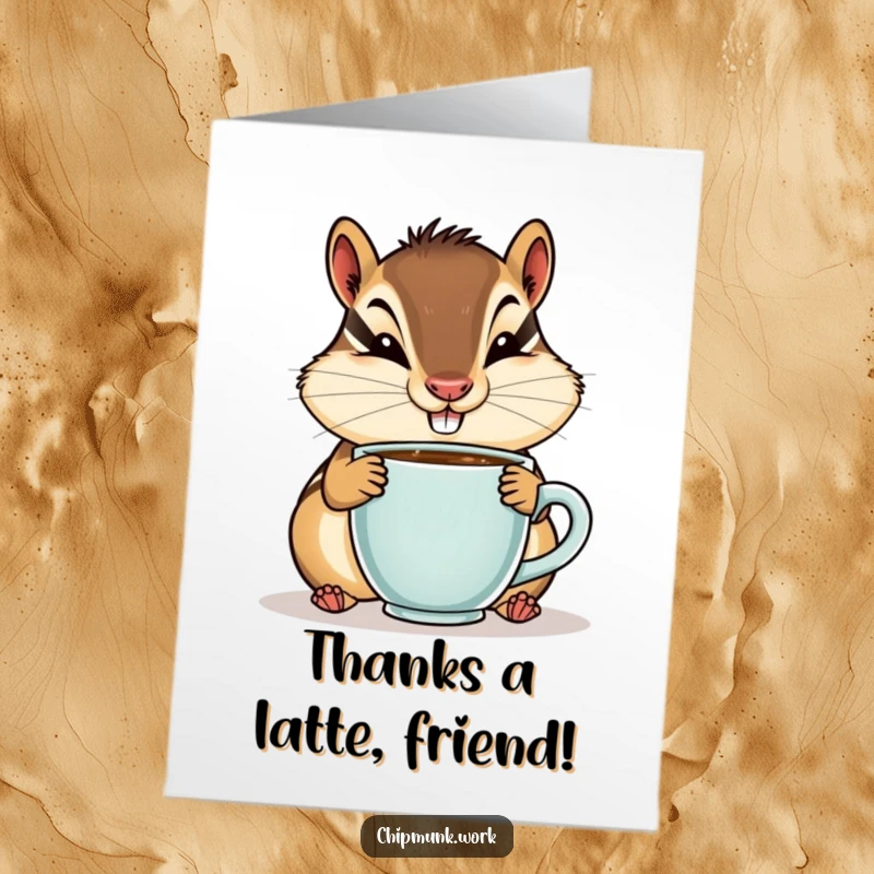 Funny Free Printable Thank You Card: A chipmunk with a goofy grin sips from a tiny coffee cup, sending warm thanks your way.