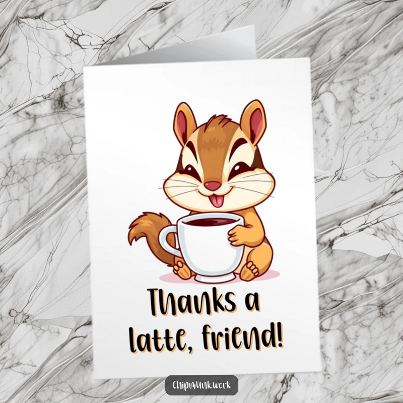 Funny Free Printable Thank You Card: Chipmunk with a big smile holds a coffee cup, expressing thanks. DIY gift.