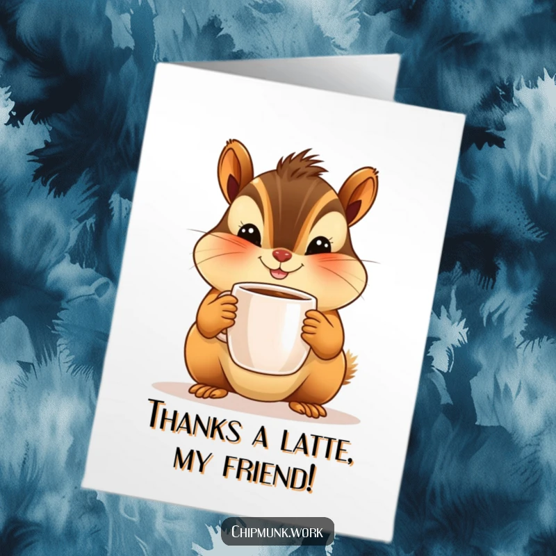 Funny free printable thank you card featuring a chipmunk holding a tiny coffee mug with plump cheeks and a warm smile.