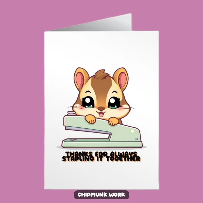 Free Printable Thank You Card: Cute Chipmunk Behind Stapler, Funny Gratitude
