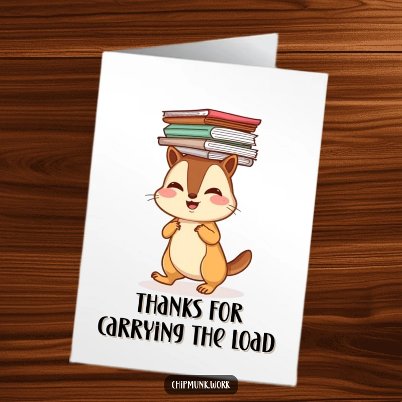 Funny Free Printable Thank You Card: A cheerful chipmunk waddling with a stack of papers on its head, conveying thanks humorously.
