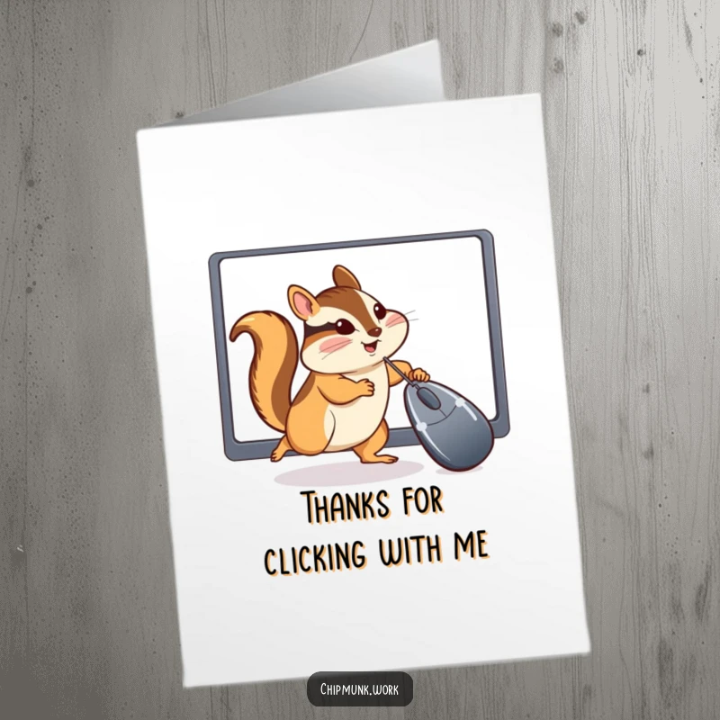Funny Free Printable Thank You Card: A determined chipmunk playfully interacts with a computer mouse cursor as a gesture of thanks.