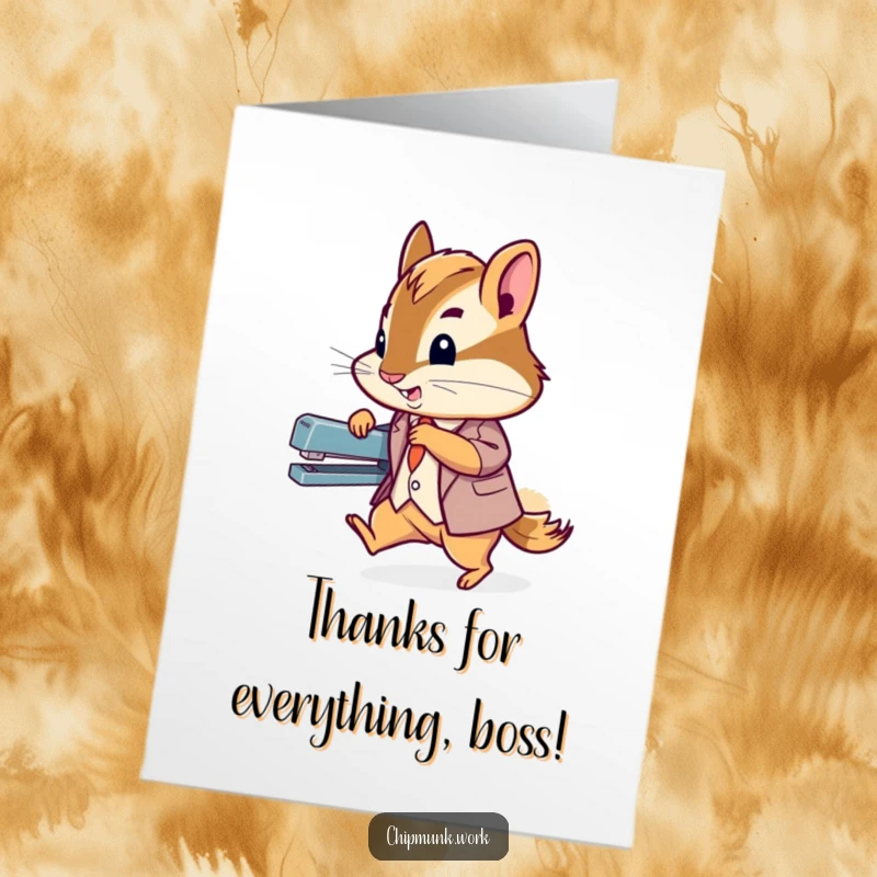Funny Free Printable Thank You Card: A chipmunk in a suit zips by a stapler, conveying swift gratitude.