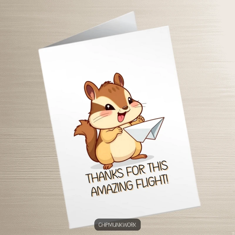 Funny Free Printable Thank You Card with a chipmunk proudly presenting a paper airplane, a unique downloadable way to say thanks.
