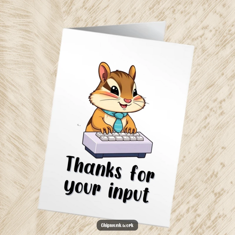 Funny Free Printable Thank You Card: A chipmunk in a small tie diligently typing on a miniature keyboard, expressing sincere thanks.