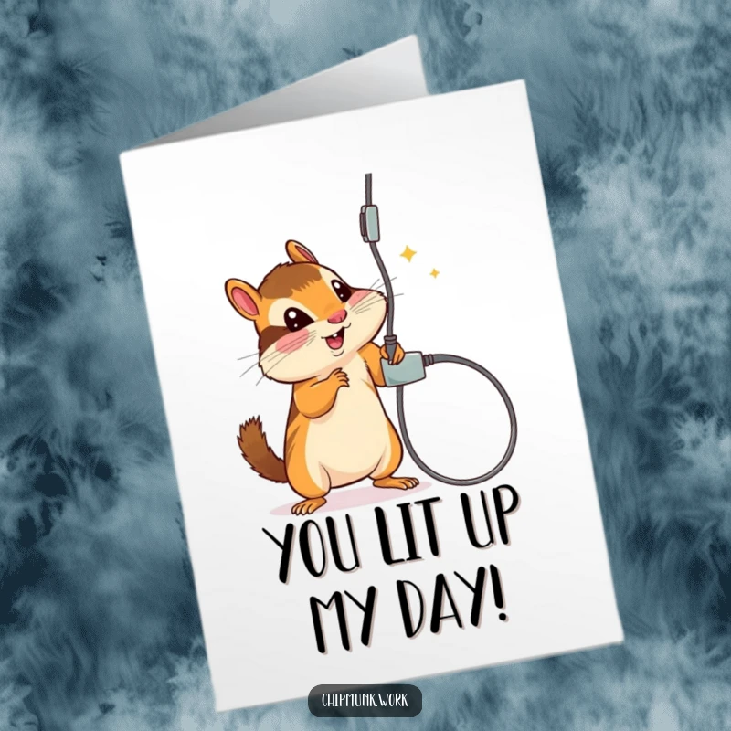 Funny Free Printable Thank You Card: A chipmunk is caught batting at a dangling electrical cord, a humorous representation of energetic gratitude.