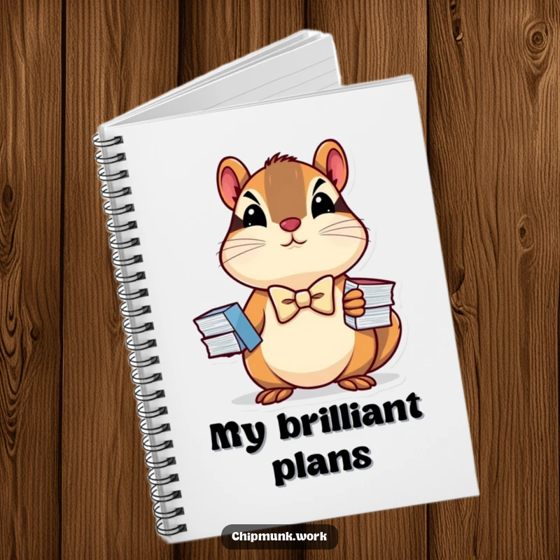 Funny notebook cover featuring a determined chipmunk in a mini bowtie holding a stack of charts, for jotting down business ideas.