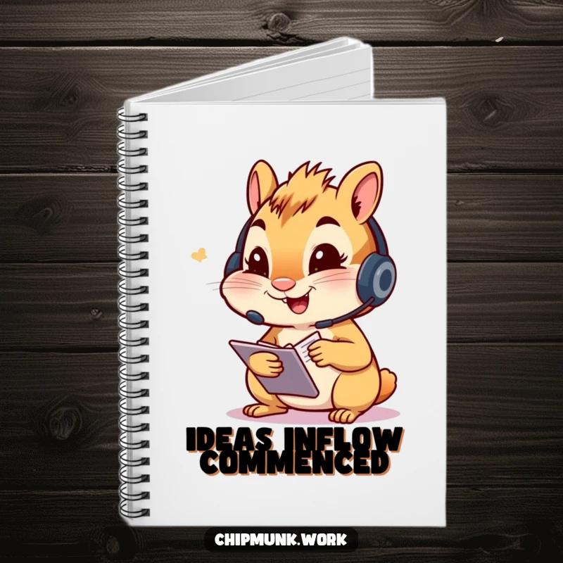 Funny chipmunk notebook, character wearing a headset, excitedly taking notes, ideal for capturing thoughts and ideas humorously.