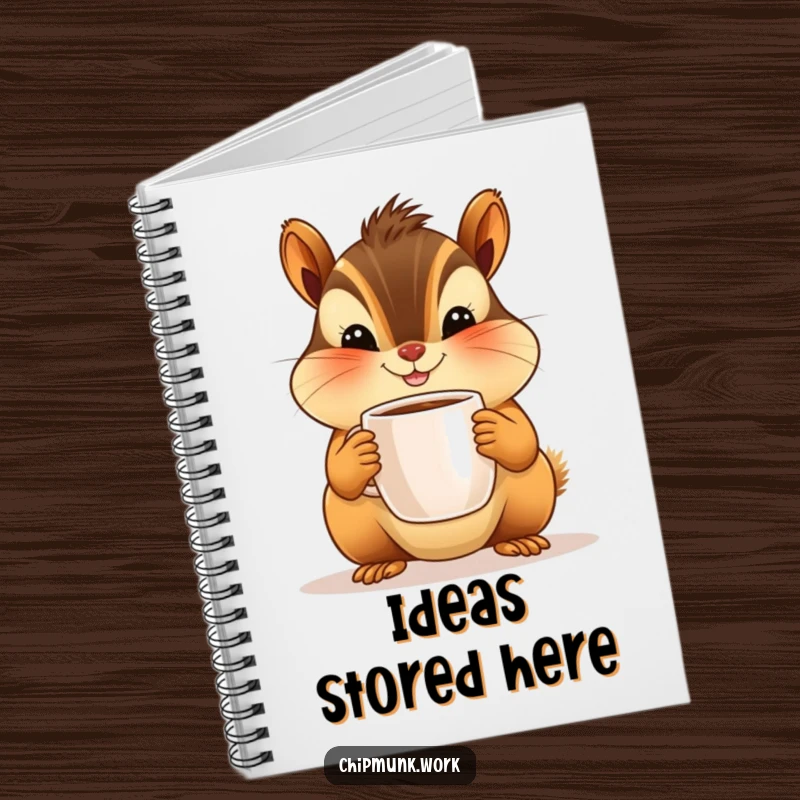 Funny notebook with a happy chipmunk character offering a tiny coffee mug. Ideal for journaling or note-taking with a smile.